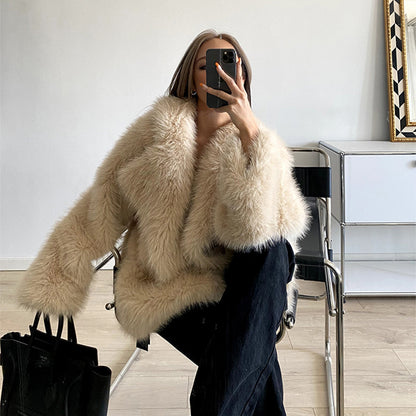 Women’s Faux Fur Coat – Autumn Winter Wide Collar Mid-Length Jacket, Loose Fit Outerwear