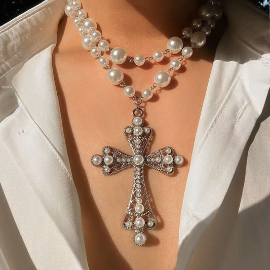 Fashion Multi-Layer Faux Pearl Cross Choker | INS Geometric Alloy Collar Necklace for Women
