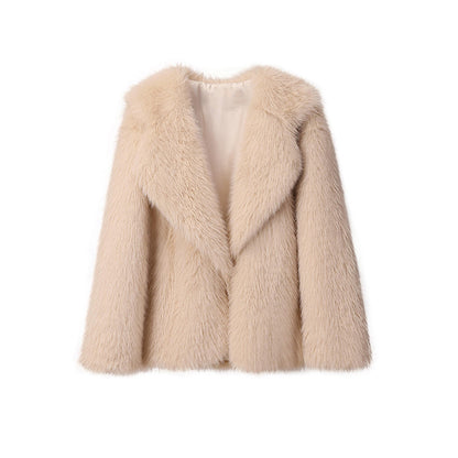 Women’s Faux Fur Coat – Autumn Winter Wide Collar Mid-Length Jacket, Loose Fit Outerwear