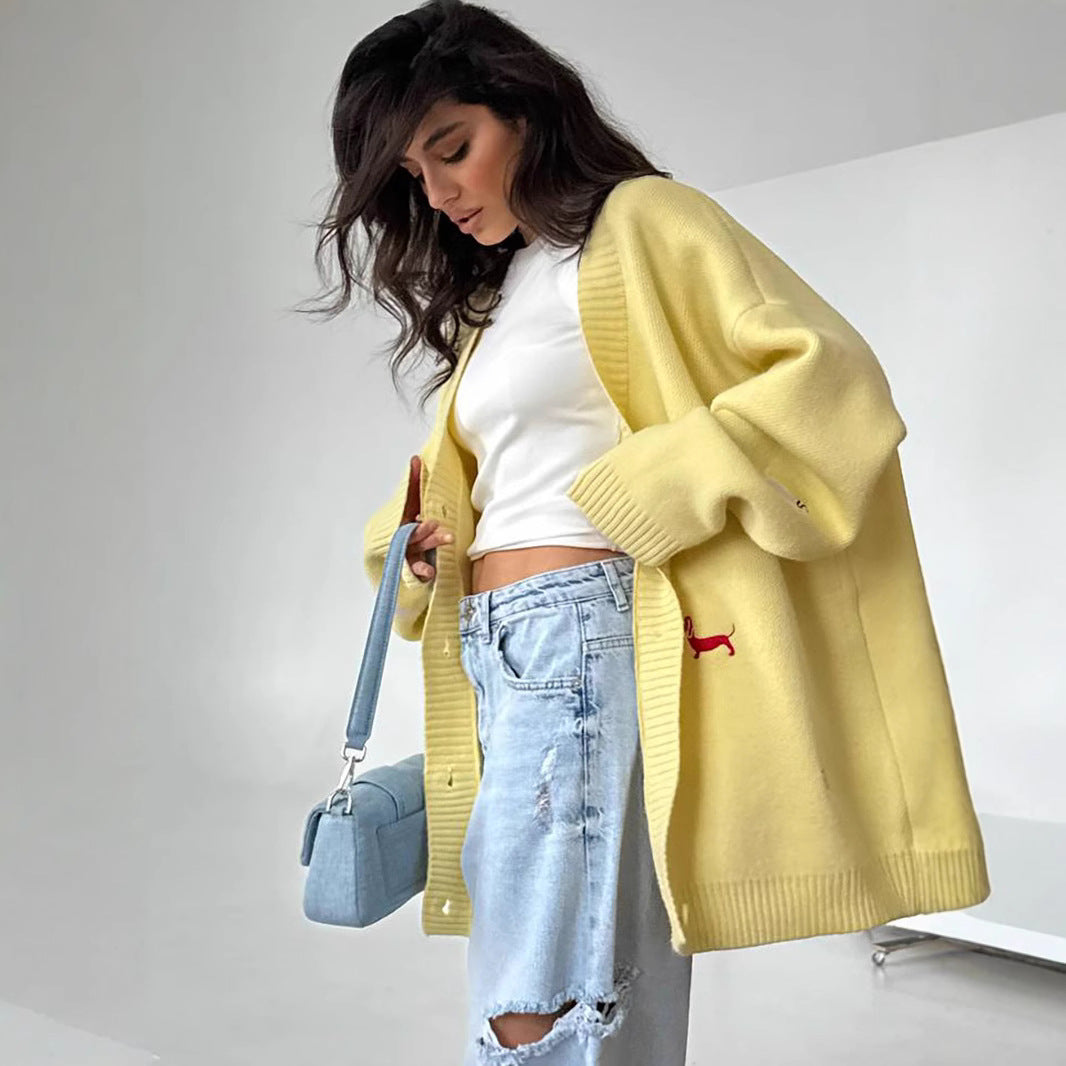 Women’s Early Autumn Embroidered Dachshund Sweater – Loose V-Neck Cardigan, Long Sleeve Casual Outerwear