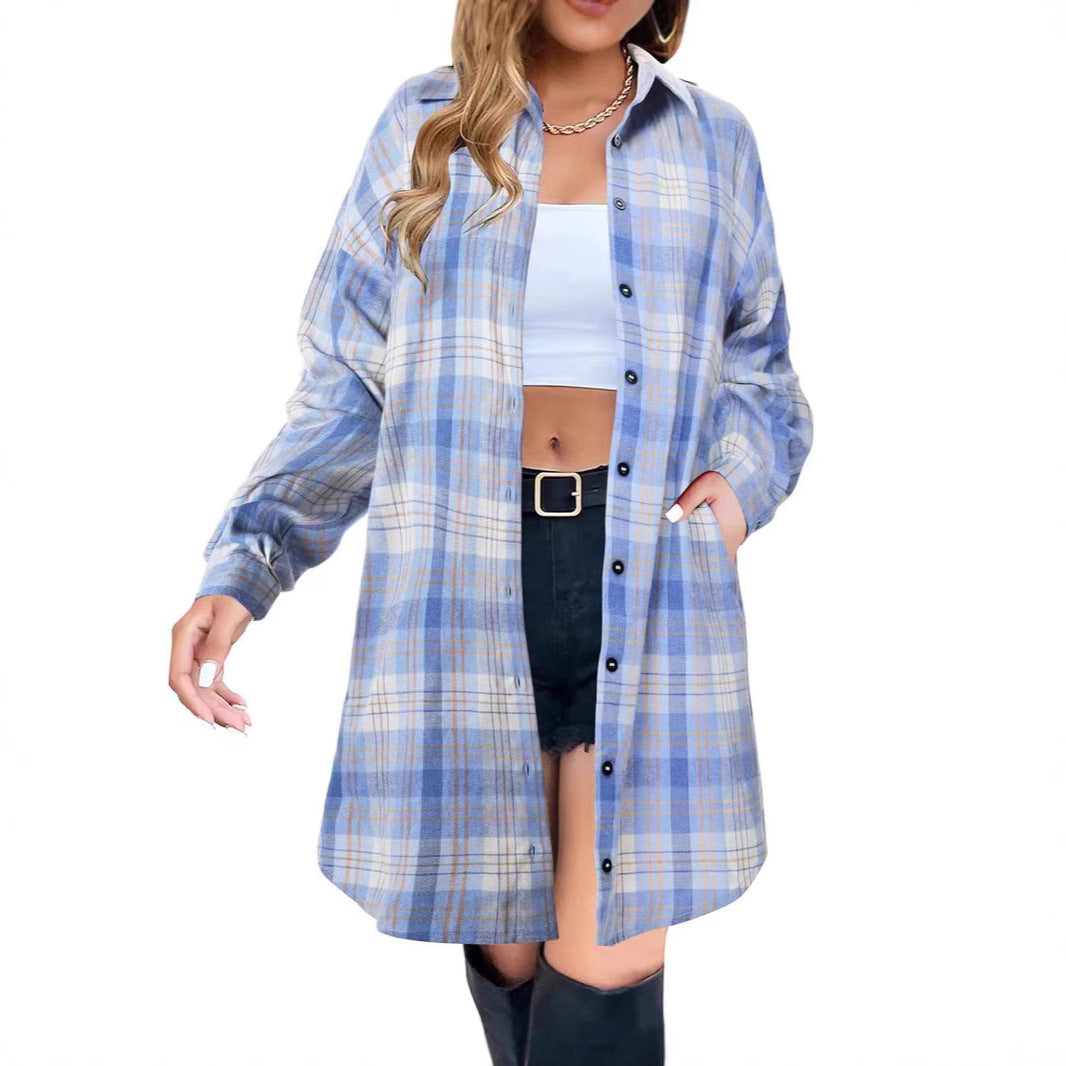 Women’s Long Sleeve Plaid Shirt | Mid-Length Casual Top with Pockets