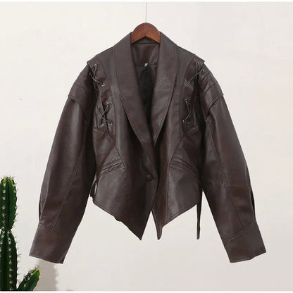Women’s Retro Faux Leather Jacket – Autumn Street Style Tie-Waist Turn-Down Collar Outerwear
