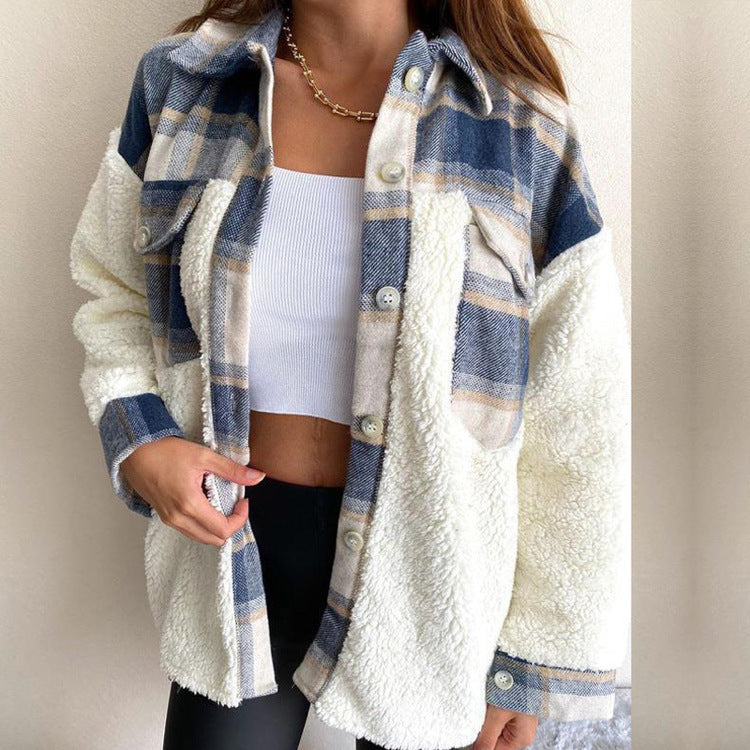 Women’s Fluffy Plaid Shirt Jacket | Single-Breasted Sweatshirt Cardigan SF