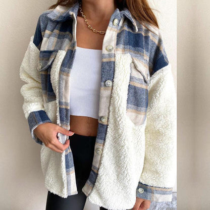Women’s Fluffy Plaid Shirt Jacket | Single-Breasted Sweatshirt Cardigan SF