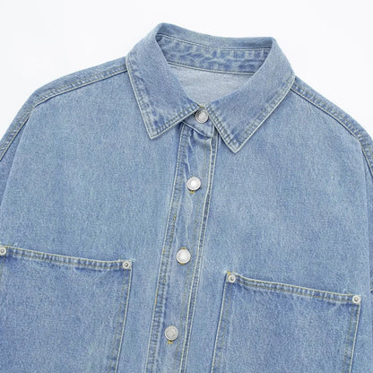 Women’s New Denim Shirt Jacket – Long Sleeve Turn-Down Collar Outerwear, Fashionable