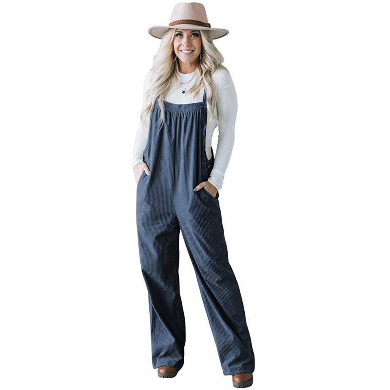 Autumn 2025 Women’s Corduroy Overalls – Solid Color Multi-Pocket Jumpsuit