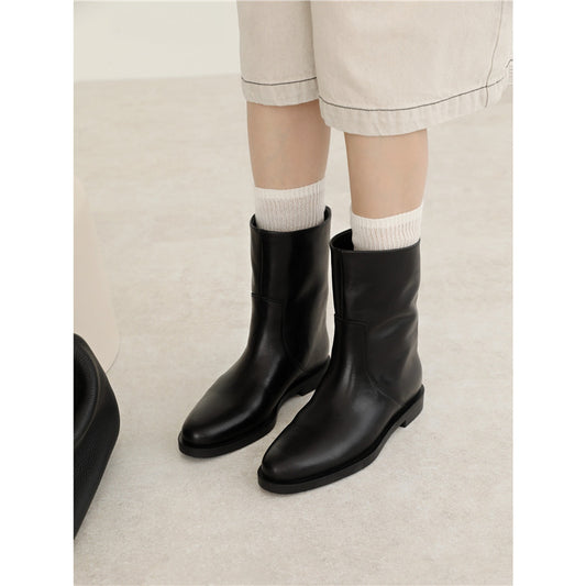 2025 Women’s Minimalist Cowhide Mid-Calf Boots – Pointed Toe Slip-On Flat Martin Boots, Autumn Winter
