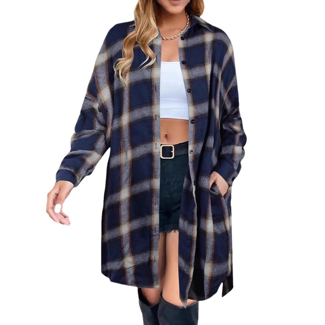 Women’s Long Sleeve Plaid Shirt | Mid-Length Casual Top with Pockets