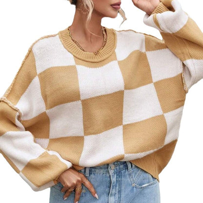 Women’s Plaid Knit Sweater | Loose Fit Crewneck Pullover · Casual Autumn Long Sleeve Top