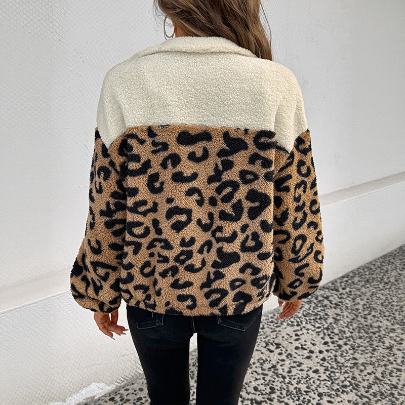 Women’s Fall & Winter Fashion Leopard Print Fleece Jacket | Casual & Versatile Lamb Wool Long Sleeve Outerwear