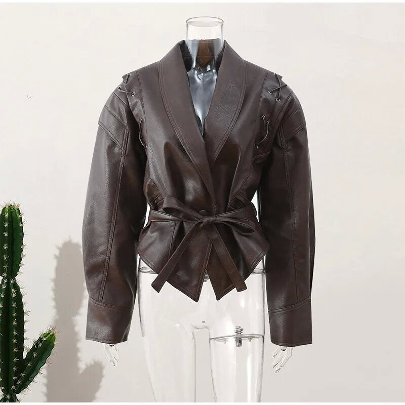 Women’s Retro Faux Leather Jacket – Autumn Street Style Tie-Waist Turn-Down Collar Outerwear