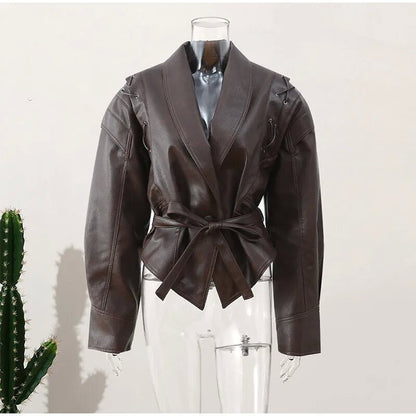 Women’s Retro Faux Leather Jacket – Autumn Street Style Tie-Waist Turn-Down Collar Outerwear