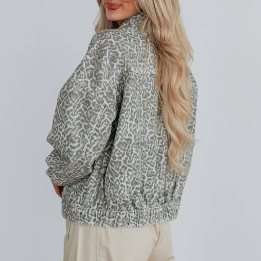 Vintage Washed Leopard Print Denim Jacket | Women’s Loose Fit Retro Jean Coat with Pockets