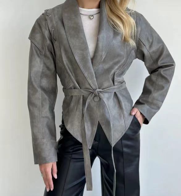 Women’s Retro Faux Leather Jacket – Autumn Street Style Tie-Waist Turn-Down Collar Outerwear