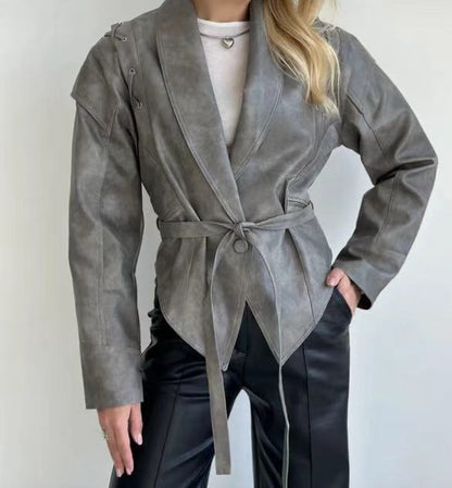 Women’s Retro Faux Leather Jacket – Autumn Street Style Tie-Waist Turn-Down Collar Outerwear