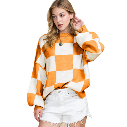 Autumn 2025 Women’s Plaid Long Sleeve Sweater – Casual Warm Pullover Knit Top