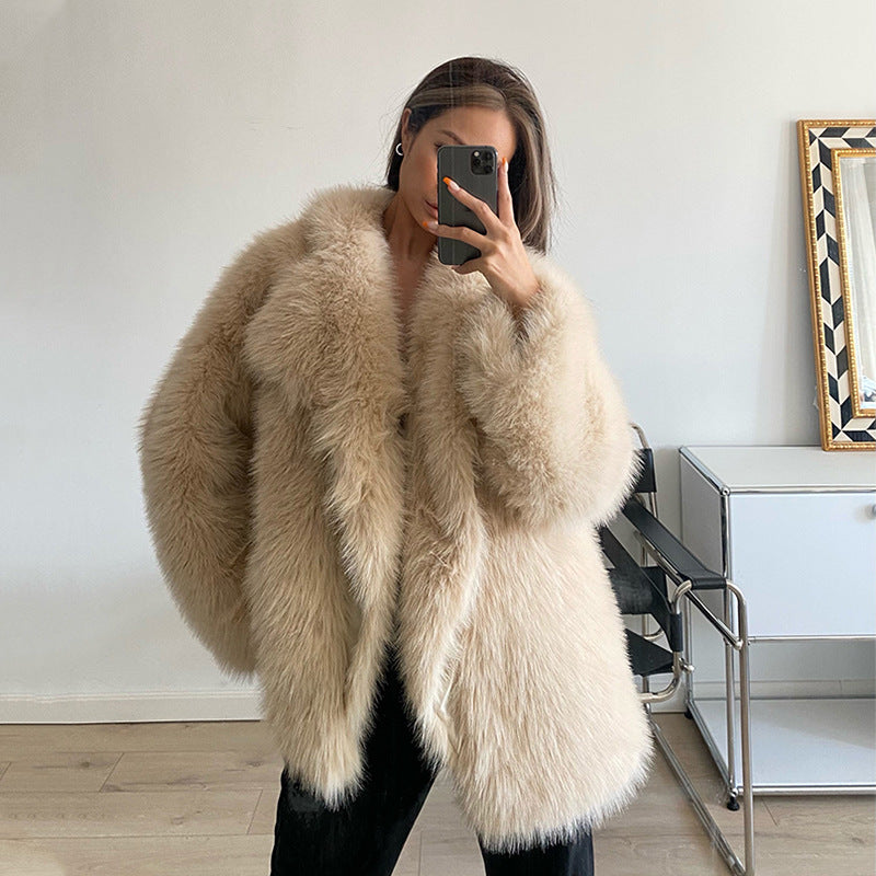 Women’s Faux Fur Coat – Autumn Winter Wide Collar Mid-Length Jacket, Loose Fit Outerwear
