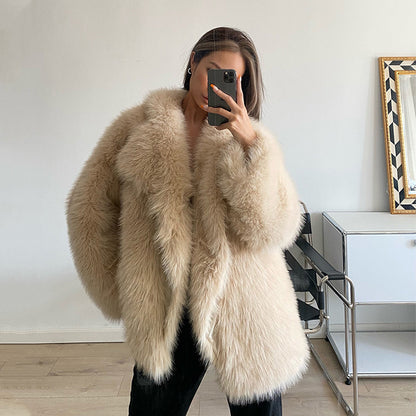 Women’s Faux Fur Coat – Autumn Winter Wide Collar Mid-Length Jacket, Loose Fit Outerwear