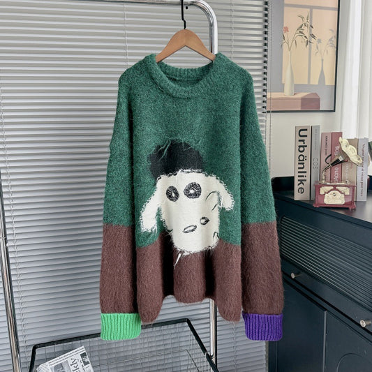 2025 Women’s Lazy Style Color-Block Jacquard Knit Sweater – Trendy Crewneck Pullover