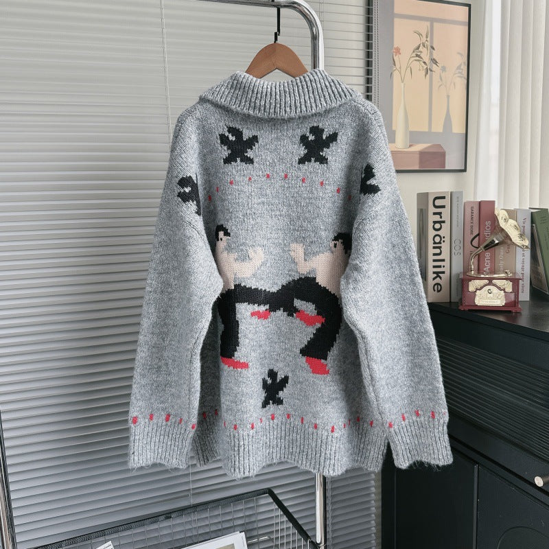 Autumn Winter 2025 Korean Cartoon Jacquard Knit Cardigan – Zipper Front Sweater Jacket for Women