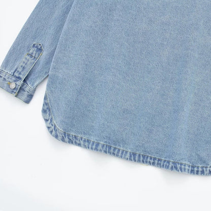 Women’s New Denim Shirt Jacket – Long Sleeve Turn-Down Collar Outerwear, Fashionable
