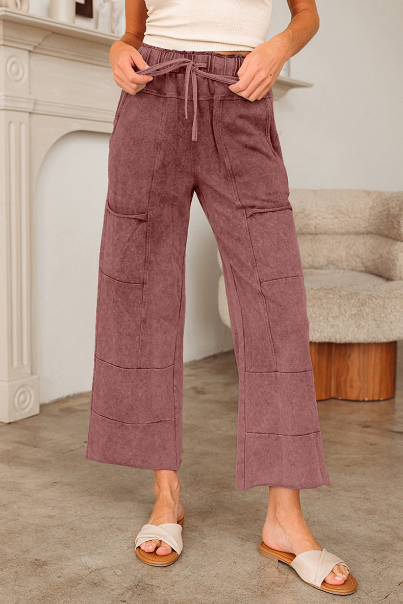 2025 Autumn New Arrival | High-Waisted Drawstring Wide-Leg Pants for Women with Large Cargo Pockets – Solid Color Casual Trousers