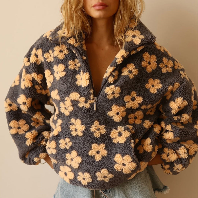 Women’s 2025 Spring Faux Shearling Zip-Up Sweatshirt | Loose Fit Printed Long Sleeve Hoodie
