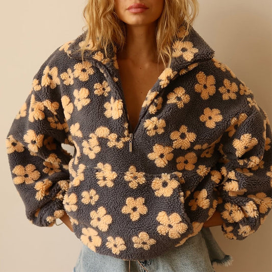 Women’s 2025 Spring Faux Shearling Zip-Up Sweatshirt | Loose Fit Printed Long Sleeve Hoodie