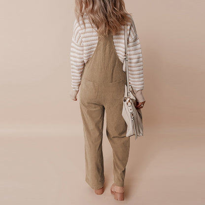 Autumn 2025 Women’s Corduroy Overalls – Solid Color Multi-Pocket Jumpsuit