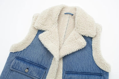 Women’s Sherpa Vest – Autumn Winter Cotton Faux Leather Moto Lambswool Open-Front Gilet