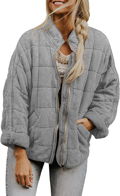 ✨ Solid Color Stand Collar Cotton Jacket for Women – Loose Fit Long Sleeve Pocket Coat