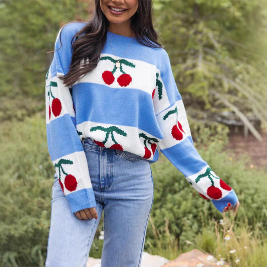 Cherry Jacquard Knit Sweater | Loose-Fit Crew Neck Long Sleeve High Street Style