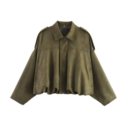 Women’s Suede-Look Bomber Jacket | Casual Turn-Down Collar Flight Jacket · Spring & Autumn