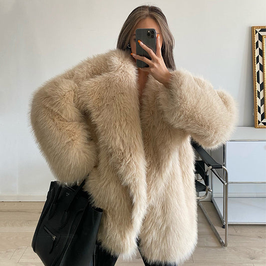 Women’s Faux Fur Coat – Autumn Winter Wide Collar Mid-Length Jacket, Loose Fit Outerwear