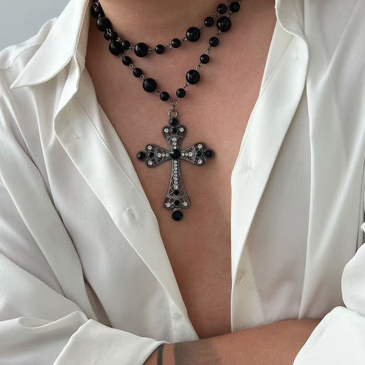 Fashion Multi-Layer Faux Pearl Cross Choker | INS Geometric Alloy Collar Necklace for Women