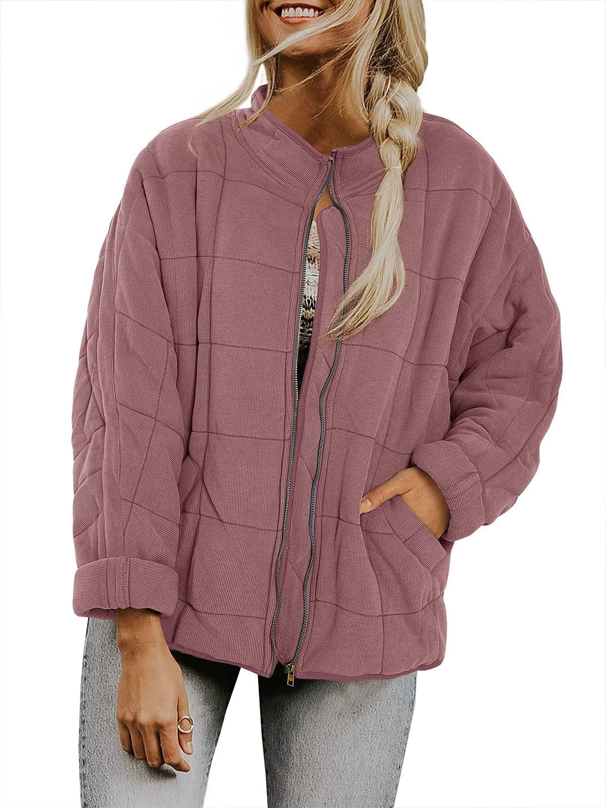 ✨ Solid Color Stand Collar Cotton Jacket for Women – Loose Fit Long Sleeve Pocket Coat