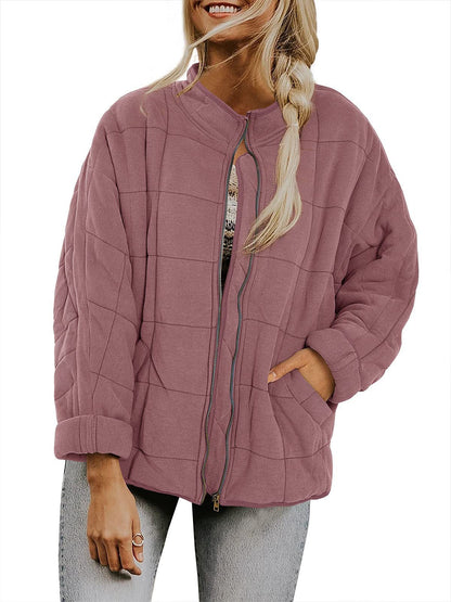 ✨ Solid Color Stand Collar Cotton Jacket for Women – Loose Fit Long Sleeve Pocket Coat