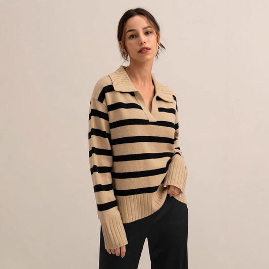 Women’s Autumn Winter Knit Sweater – Loose Fit Colorblock Polo Collar Pullover