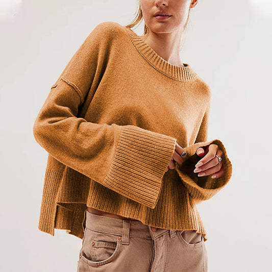 2025 Fall Winter Solid Color Knit Sweater | Women’s Fashion Crew Neck Pullover with Flared Sleeves