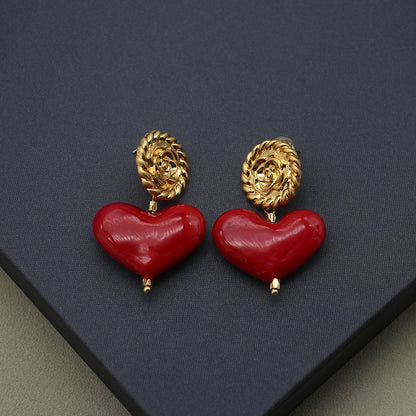 Handmade Red Heart Glass Necklace & Earrings Set | Vintage Pearl Jewelry with Clip-On Earrings