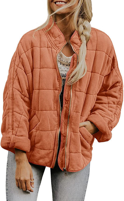 ✨ Solid Color Stand Collar Cotton Jacket for Women – Loose Fit Long Sleeve Pocket Coat