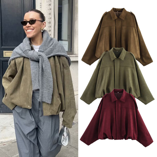 Women’s Suede-Look Bomber Jacket | Casual Turn-Down Collar Flight Jacket · Spring & Autumn