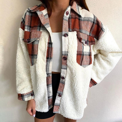 Women’s Fluffy Plaid Shirt Jacket | Single-Breasted Sweatshirt Cardigan SF