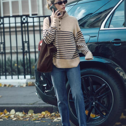 Women’s Autumn Winter Striped Knit Sweater – New Half Turtleneck Pullover Top