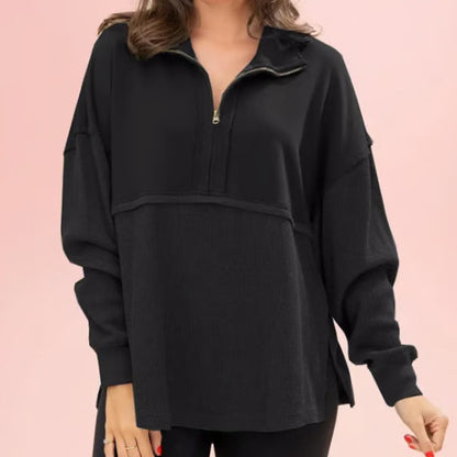 2025 Fall Winter Solid Zip-Up Collared Sweatshirt for Women | Loose Fit Minimalist Long Sleeve Pullover