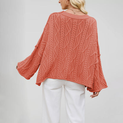 2025 Women’s Autumn Winter Knit Sweater – Round Neck Short Loose Cable Knit Pullover