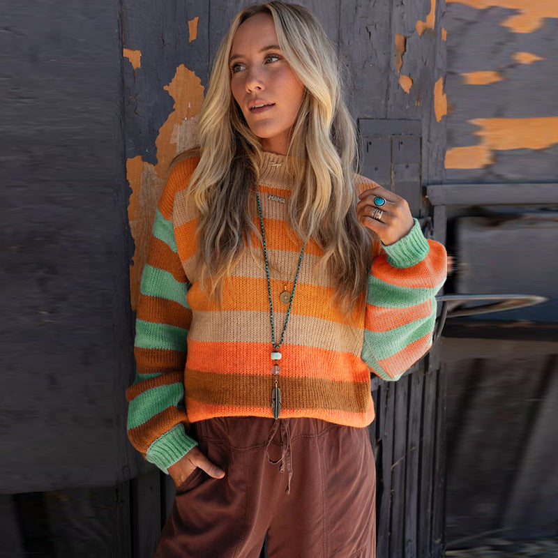2025 Fall/Winter New Women’s Crewneck Long Sleeve Sweater – Casual Long Colorblock Pullover
