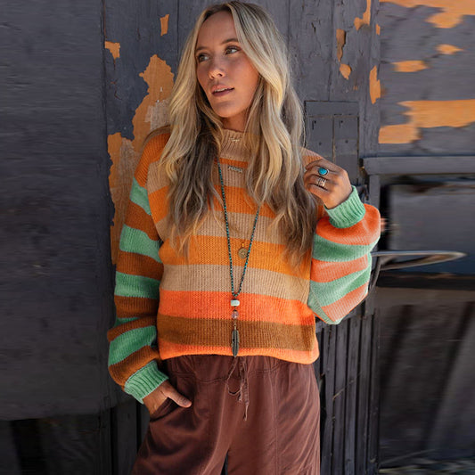 2025 Fall/Winter New Women’s Crewneck Long Sleeve Sweater – Casual Long Colorblock Pullover