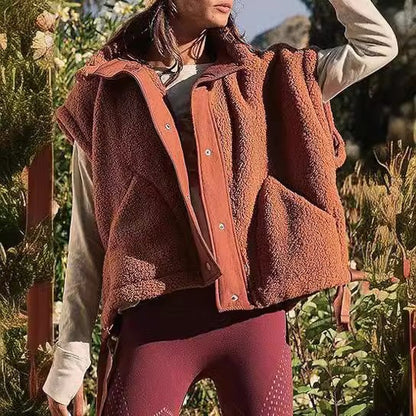 Faux Fur Vest | Oversized Sleeveless Sherpa Jacket with Button Closure