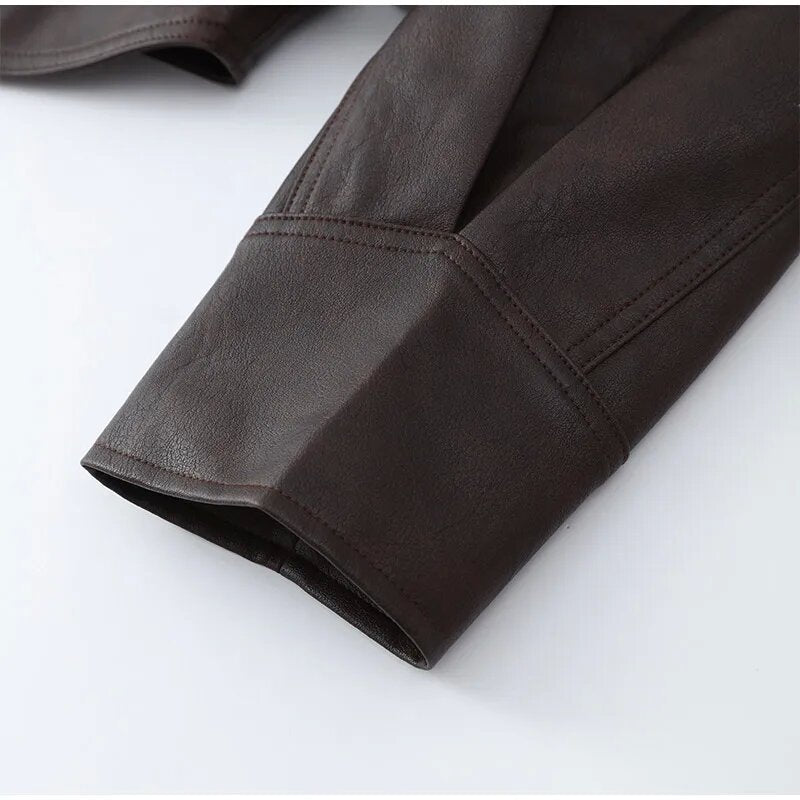 Women’s Retro Faux Leather Jacket – Autumn Street Style Tie-Waist Turn-Down Collar Outerwear